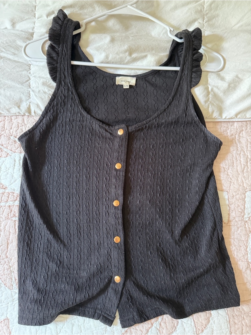 Ruffled Strap Black Button-Front Tank Top